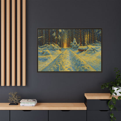 Framed matte canvas print of a snowy forest path at sunset, wall art by Printify showcasing winter landscape and vibrant colors.