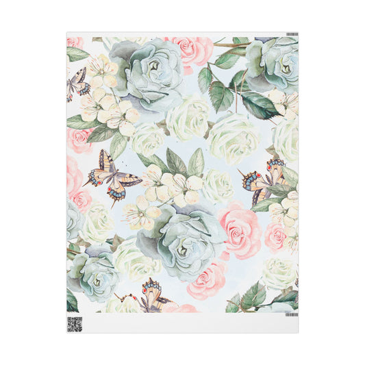 Floral Watercolor Wrapping Paper Roll — Vintage Butterfly & Pastel Garden Gift Wrap