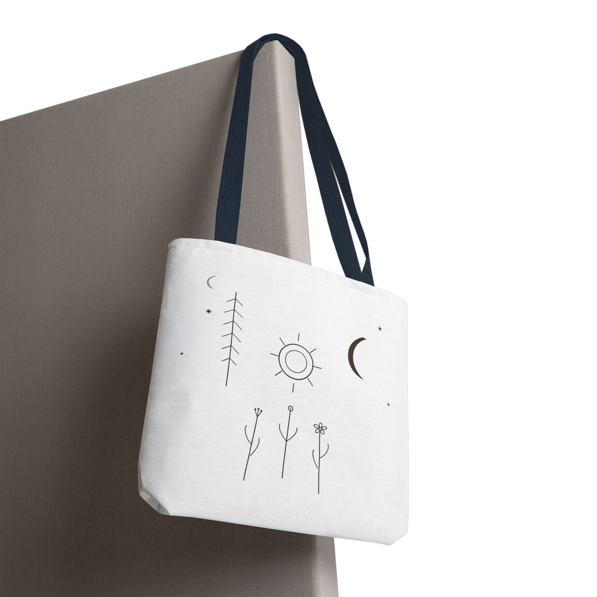 Minimal Moon and Sun botanical tote bag with celestial line art design, lightweight fabric, and spacious interior by Printify.