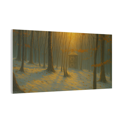 Matte stretched canvas print of a misty forest sunrise landscape by Printify, featuring lush trees and warm morning light.