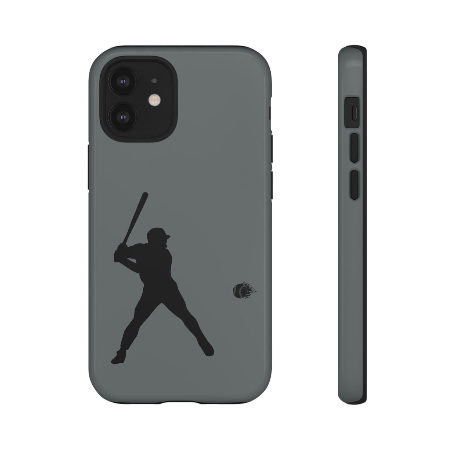 Black iPhone case with a white baseball silhouette design, durable and protective sports-themed phone cover by Printify.