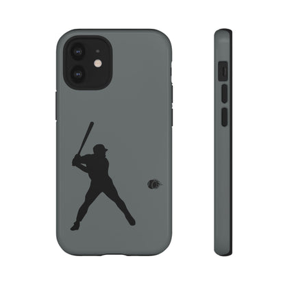 Black iPhone case with a white baseball silhouette design, durable and protective sports-themed phone cover by Printify.