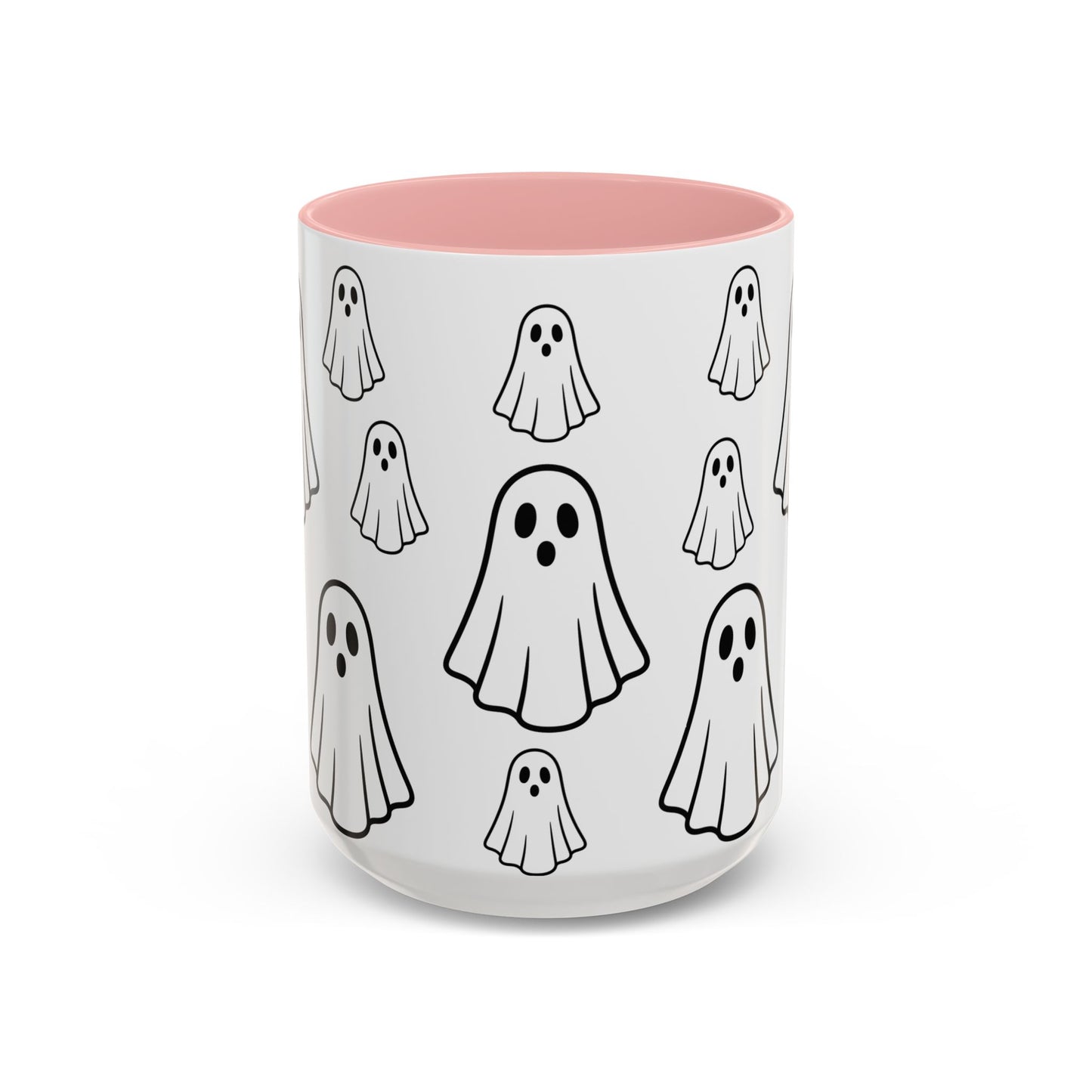 Printify ghost pattern ceramic coffee mug with cute Halloween design, available in 11oz and 15oz sizes.