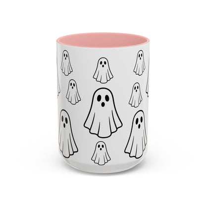 Printify ghost pattern ceramic coffee mug with cute Halloween design, available in 11oz and 15oz sizes.