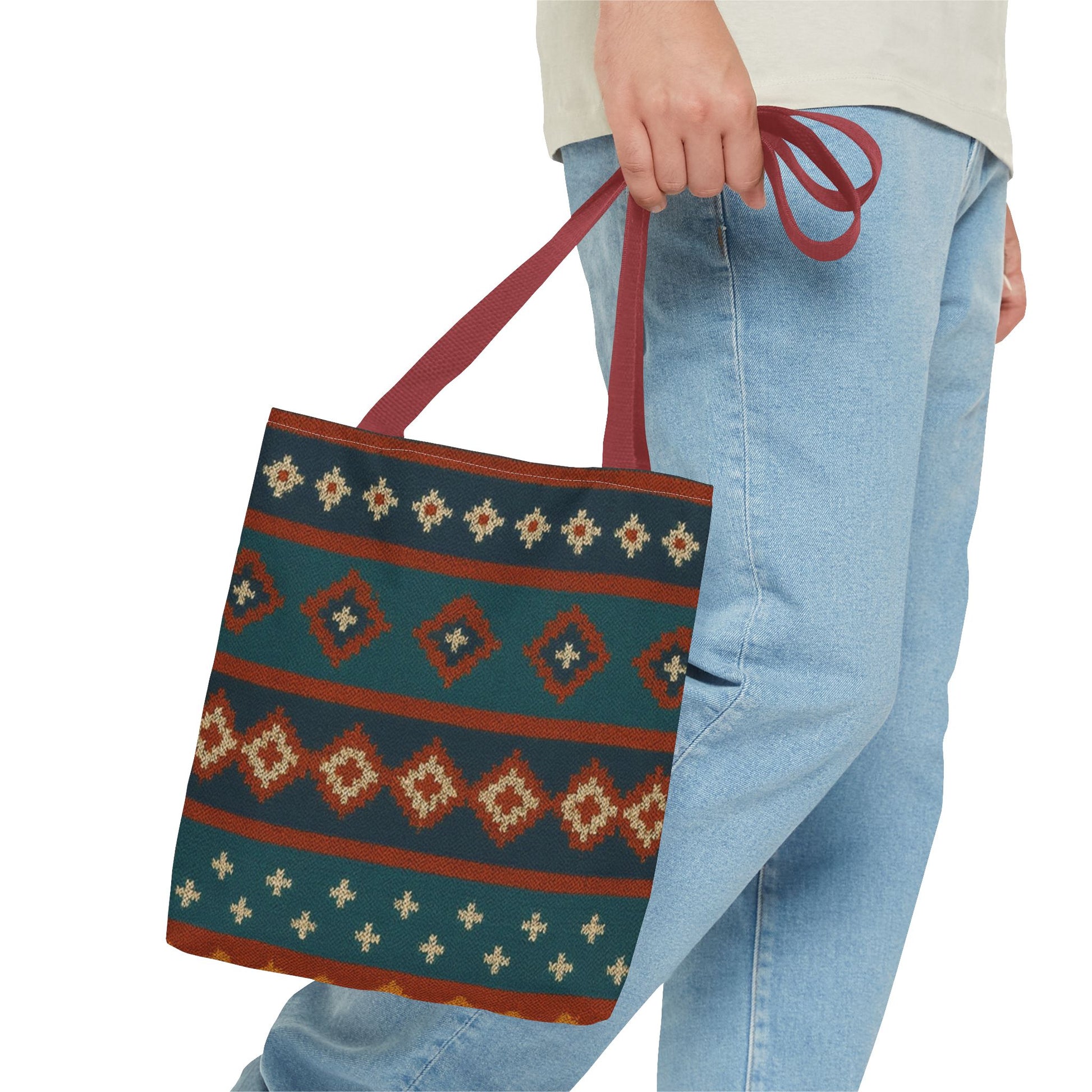 Southwestern diamond pattern tote bag with Aztec tribal geometric print, featuring sturdy handles and vibrant colors.