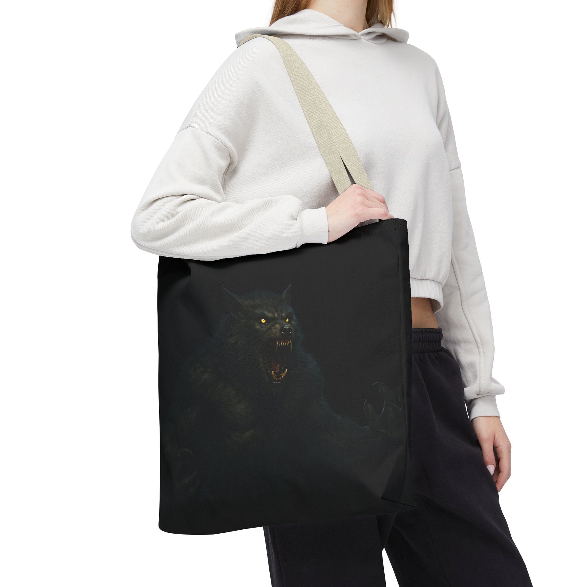 Werewolf tote bag with dark Halloween art, featuring a spooky horror design, perfect gift for horror fans, by Printify.