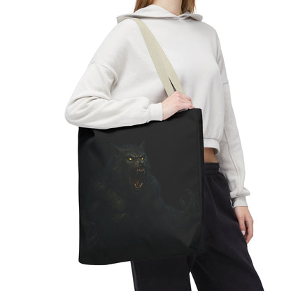 Werewolf tote bag with dark Halloween art, featuring a spooky horror design, perfect gift for horror fans, by Printify.