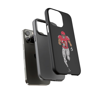 Black football player tough phone case for iPhone, protective sports design by Printify, featuring athletic athlete image.