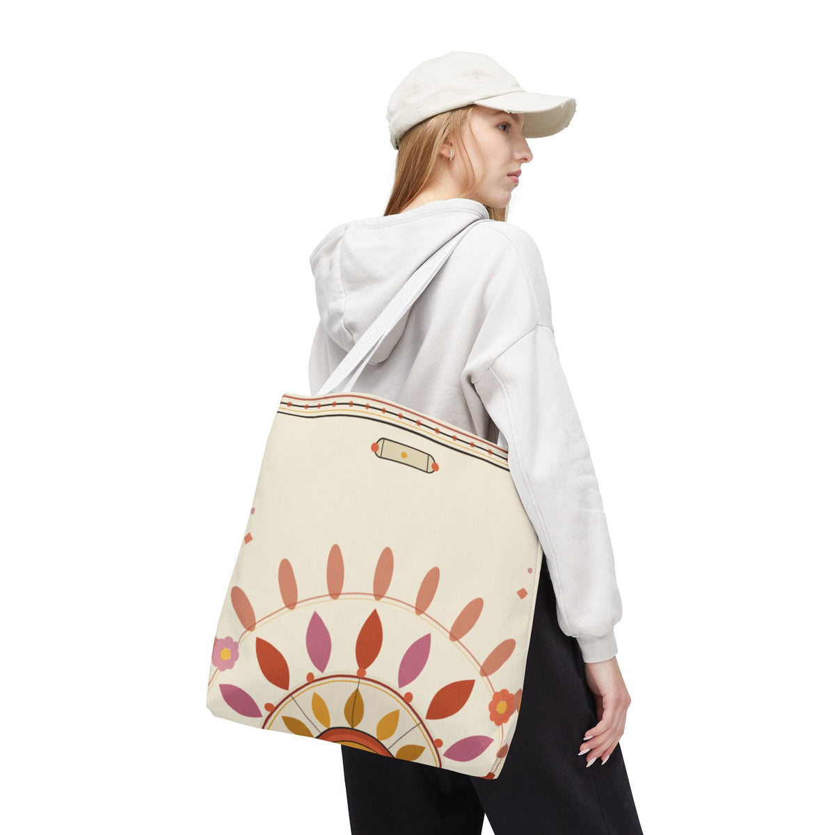 Boho floral mandala tote bag with pastel sunburst pattern, featuring a colorful, artistic design on a spacious fabric bag.