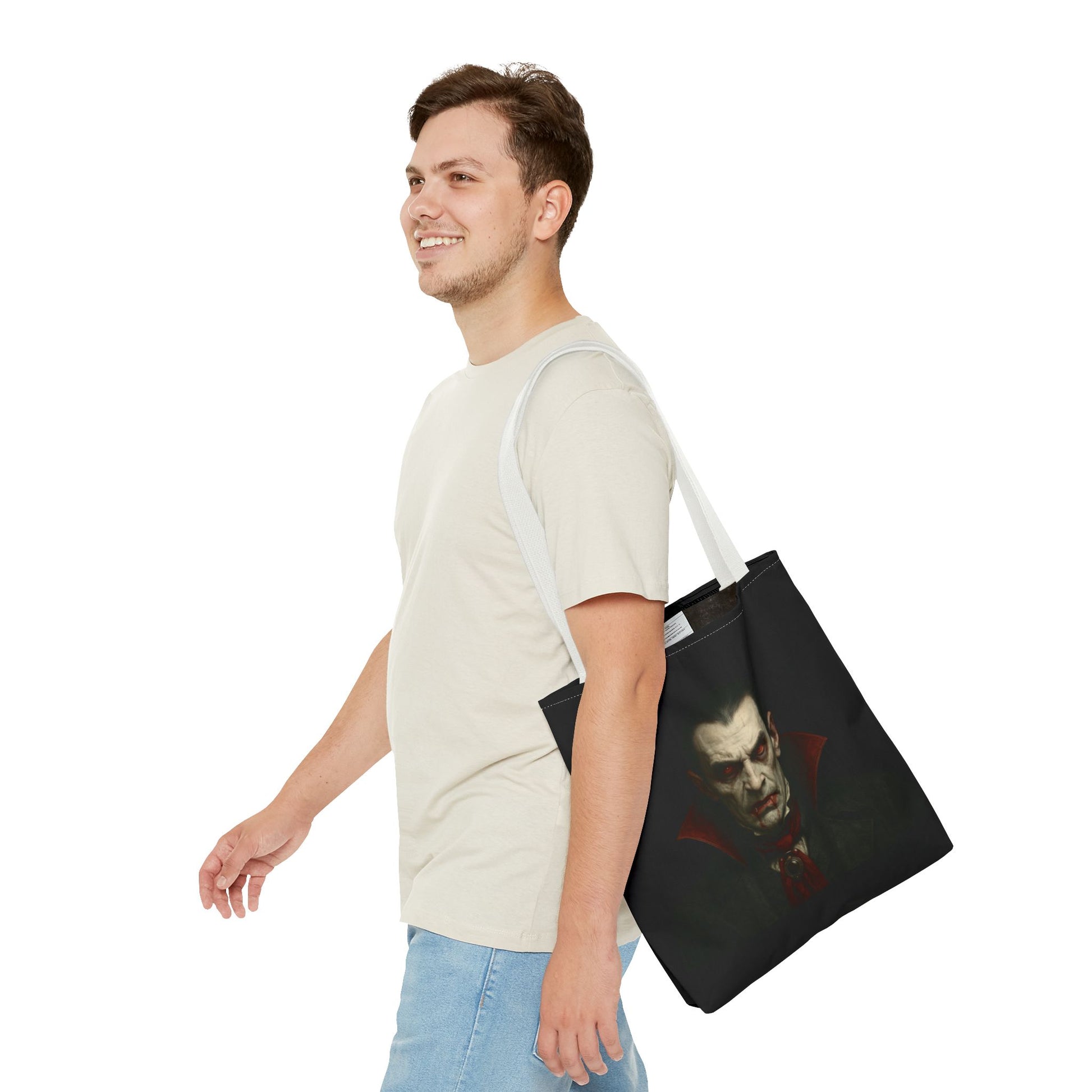 Black vampire tote bag with spooky gothic design, perfect for Halloween accessories and gothic fashion statements.
