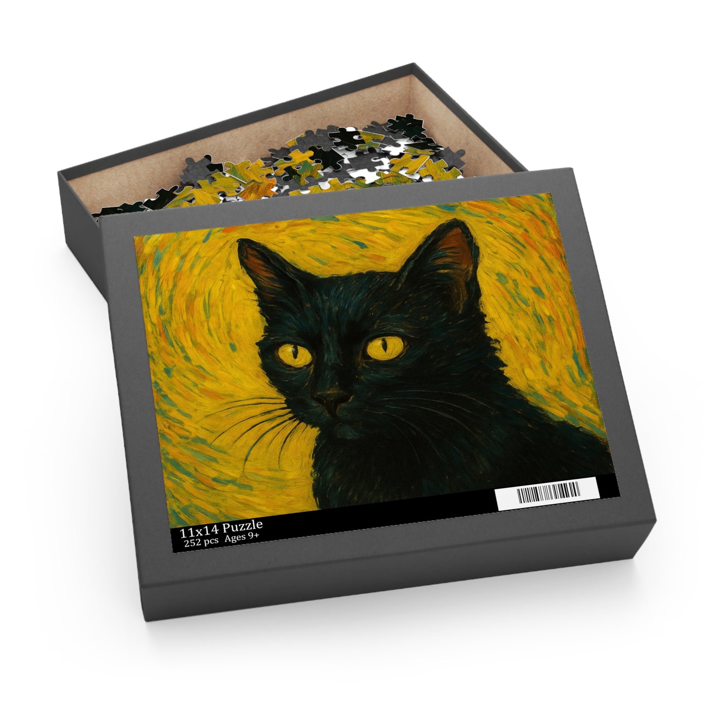 Black cat portrait puzzle by Printify featuring a custom photo design, available in 120-500 piece options, perfect for cat lovers.