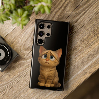 Cute sad kitty print phone case for iPhone, protective cat-themed case by Printify featuring a sad kitten design.