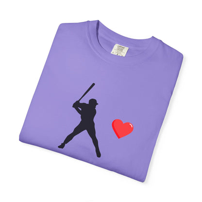White baseball batter heart T-shirt by Printify featuring a graphic of a batter in action, casual and stylish for sports fans.
