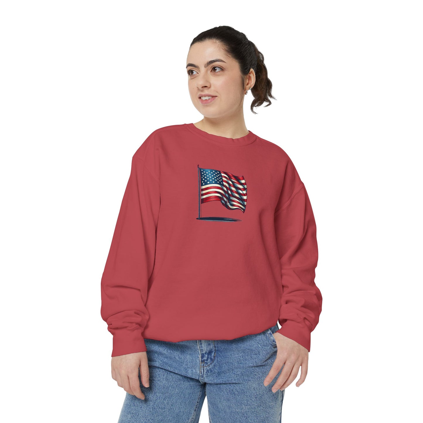 Patriotic Unisex Garment-Dyed Sweatshirt with Vintage American Flag, Cozy Fall Outfit, Statement Sweater, Gift for Veterans, Casual Fashion - TRV