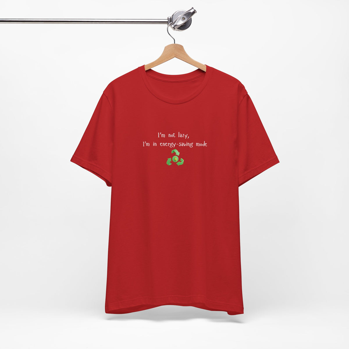 Eco-friendly mock T-shirt with humorous "I’m Not Lazy, I’m an Energy-Saving Mock" print, casual fit, Printify brand.