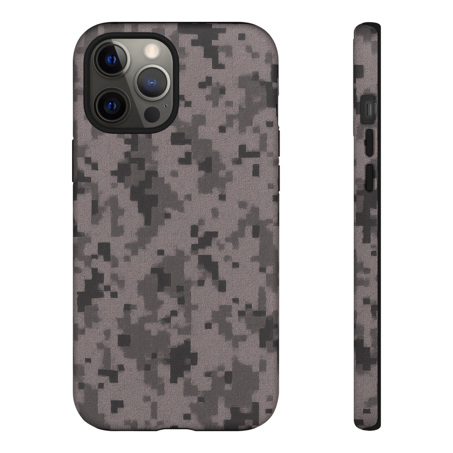 Gray digital camouflage phone case by Printify, tough protective cover for smartphones with a rugged camouflage design.