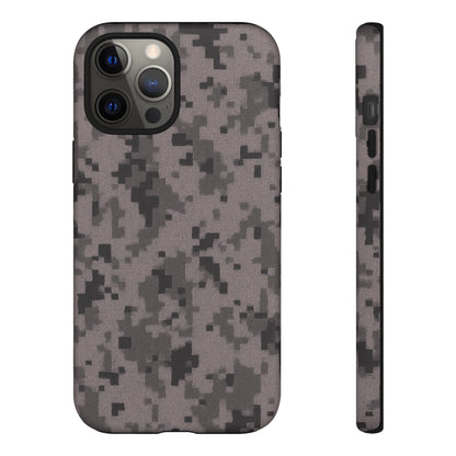 Gray digital camouflage phone case by Printify, tough protective cover for smartphones with a rugged camouflage design.