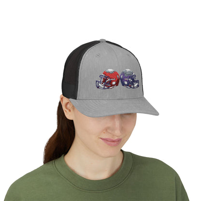 Sporty Snapback Trucker Cap with Football Helmets, Baseball Cap, Outdoor Activity Hat, Gift for Sports Fans, Team Spirit Wear - TRV