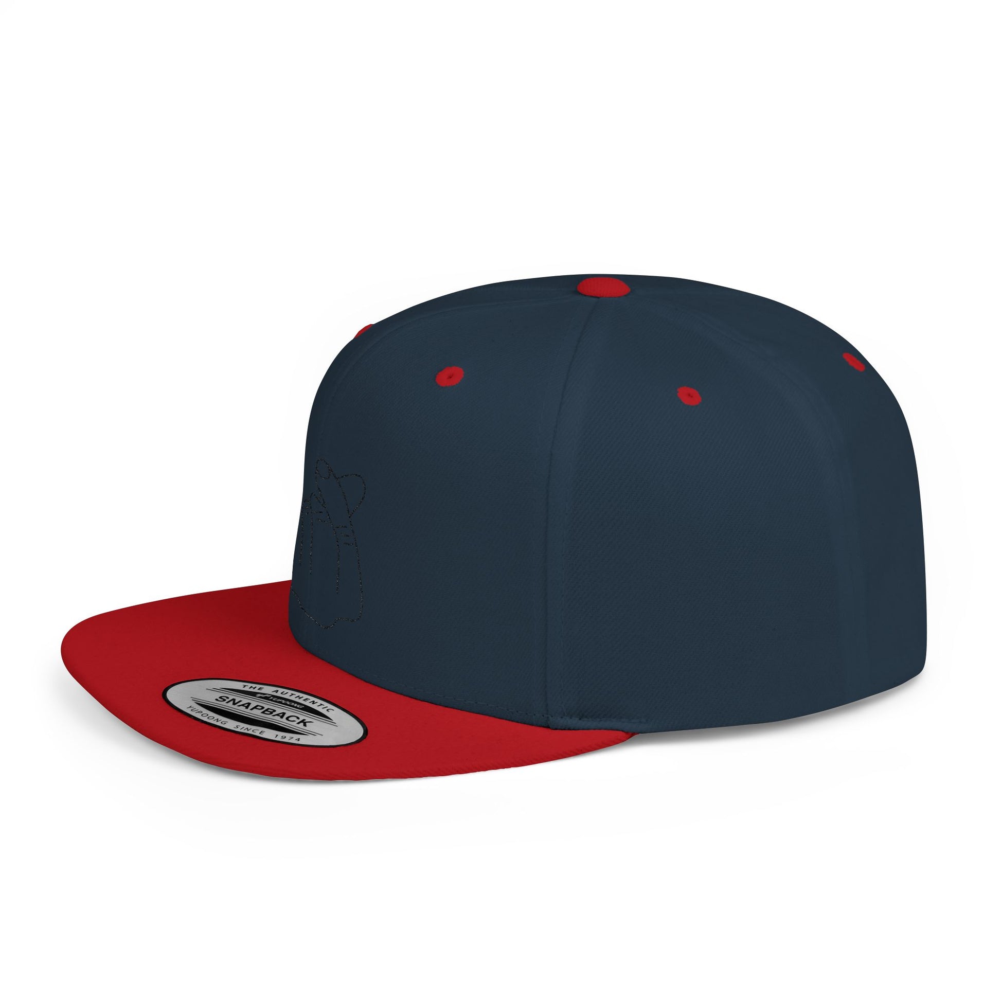 Minimalist printify hand gesture flat bill snapback hat in black, featuring a simple geometric design on the front.