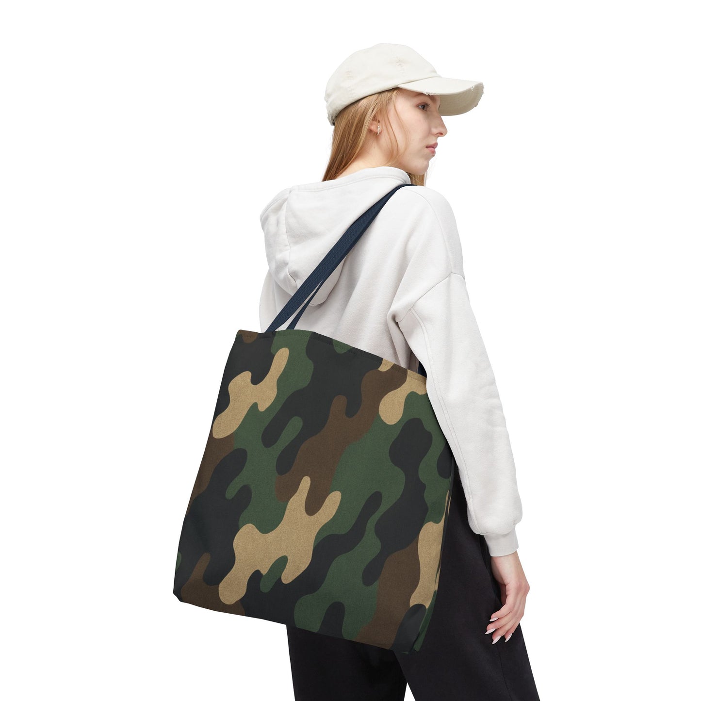 Camo pattern tote bag made of canvas with all-over print, designed for carrying essentials, by Printify.