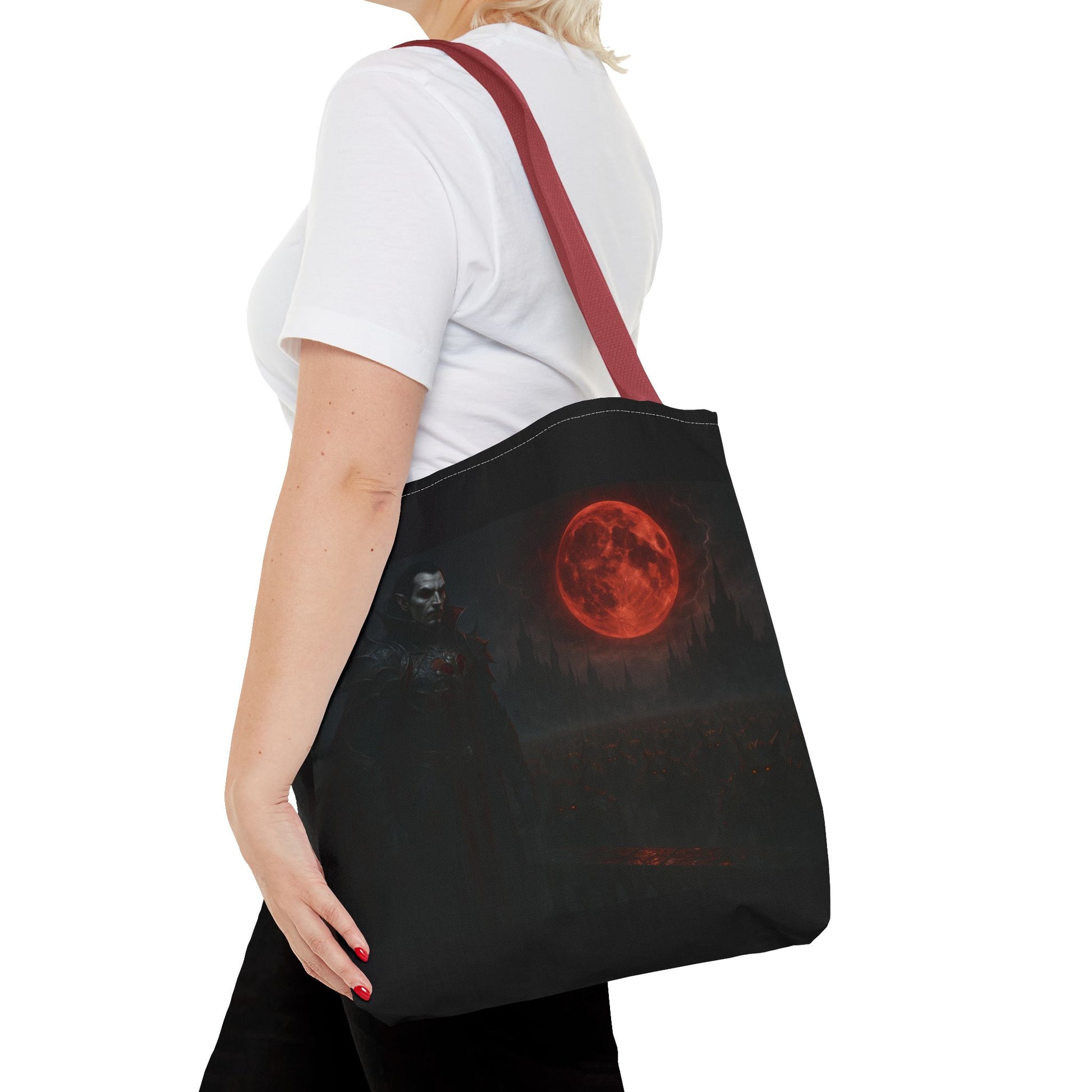Gothic Dracula tote bag with moonlit vampire art, ideal for Halloween, by Printify, featuring dark, spooky vampire design.