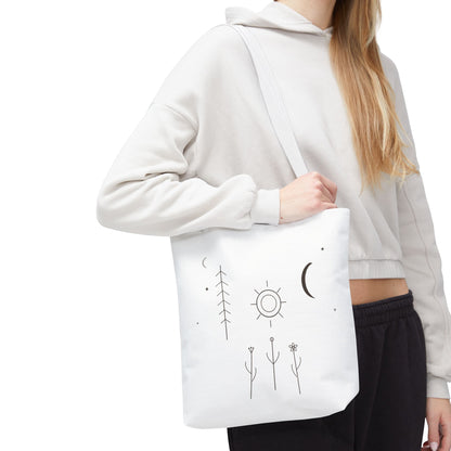 Celestial line art tote bag featuring minimal moon and sun botanical design, crafted by Printify, on a durable fabric bag.