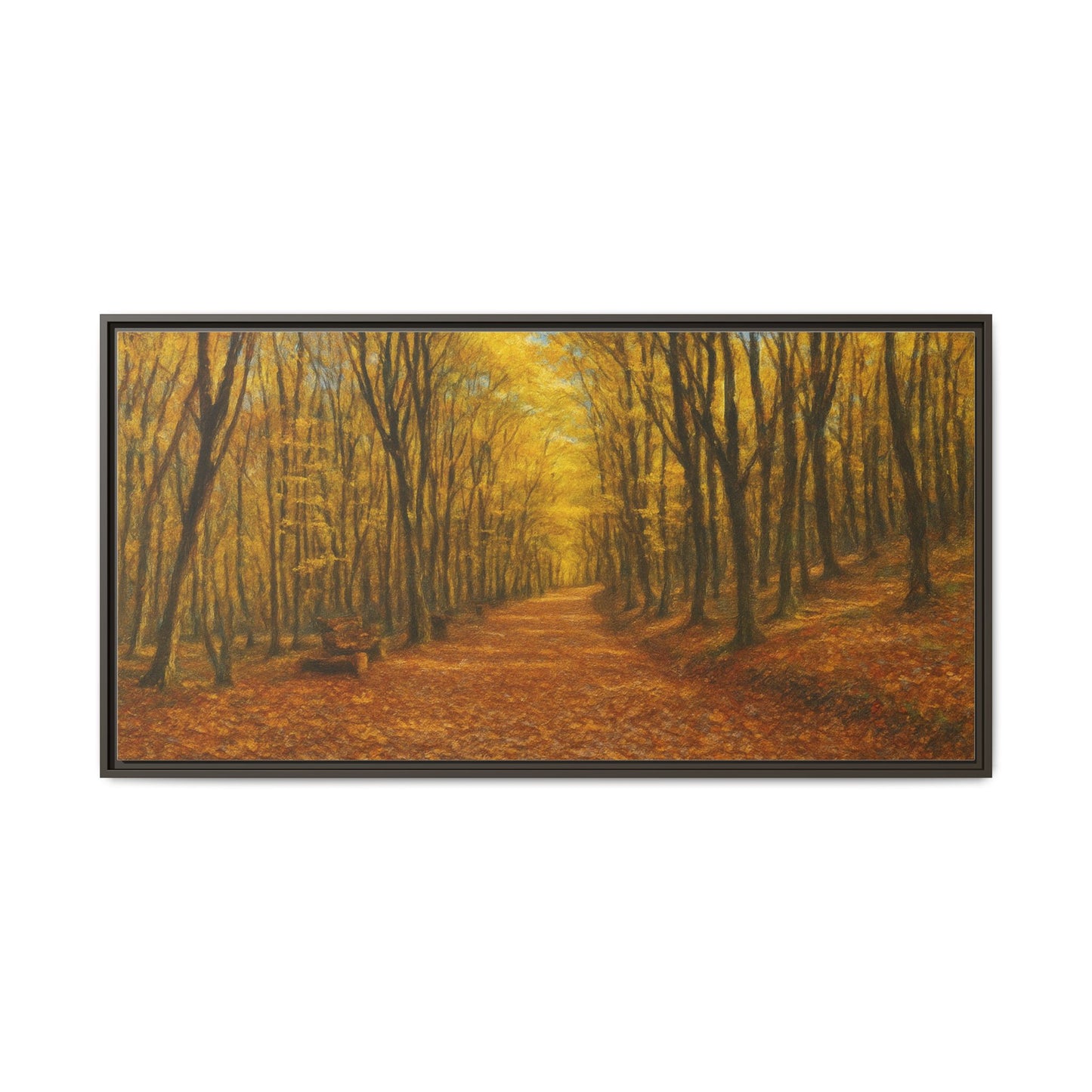 Printify autumn forest path matte canvas wall art featuring a scenic forest trail with warm autumn colors and a framed display.