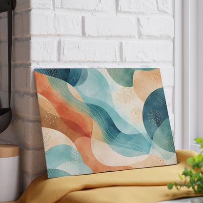 Abstract Ocean Waves Glass Cutting Board — Coastal Blue & Coral Decorative Chopping Board
