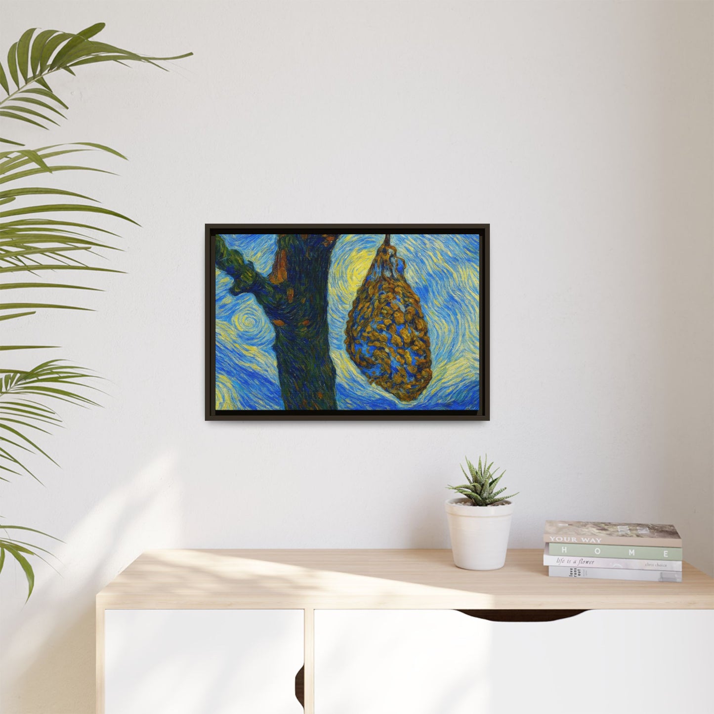 Framed matte canvas art of a starry nut cluster with dried plum in a tree, printed by Printify.