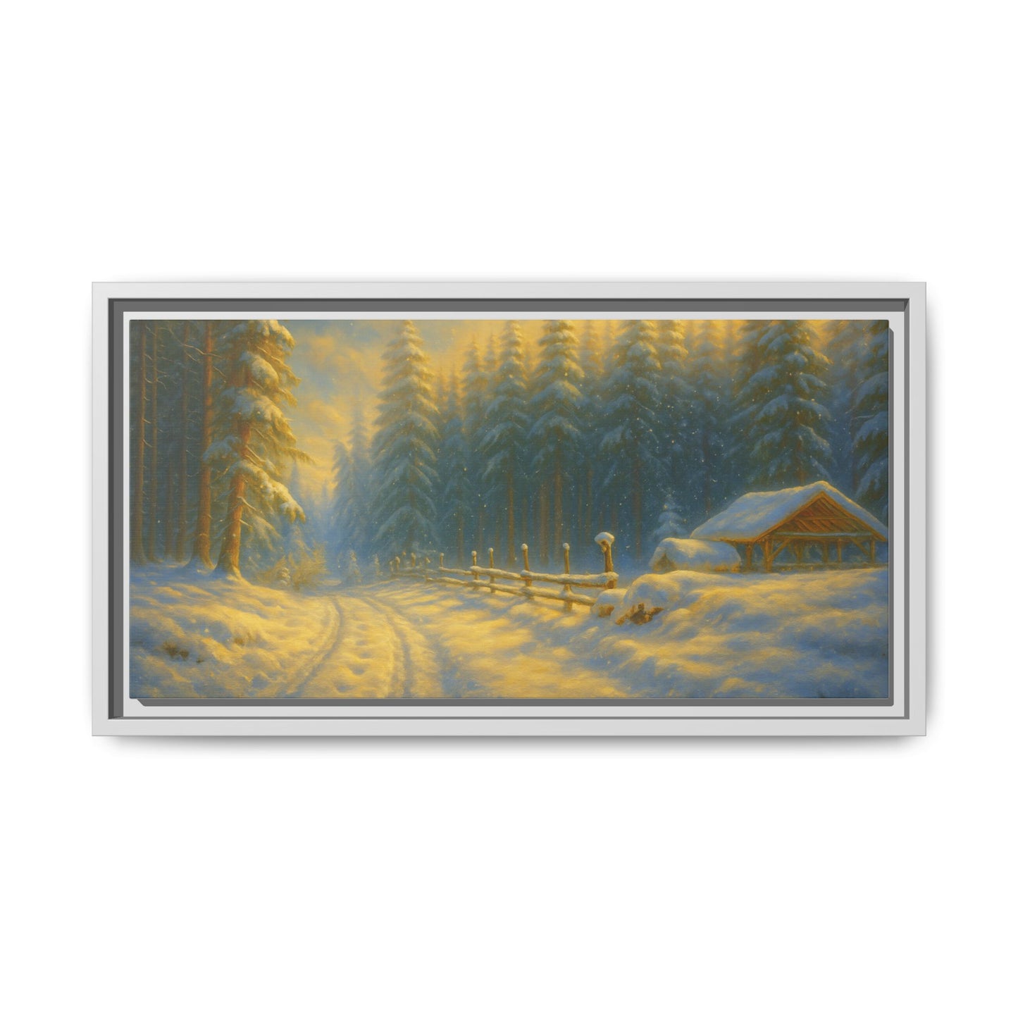 Framed canvas print of a snowy forest sunset with a winter cabin scene, wall art by Printify depicting a peaceful winter landscape.