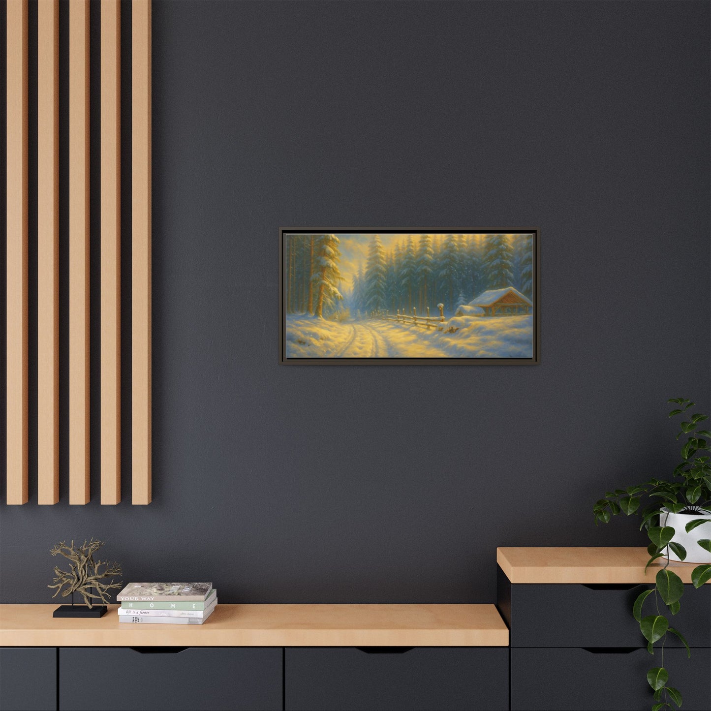 Framed winter cabin canvas print by Printify featuring a snowy forest sunset scene for wall decor.