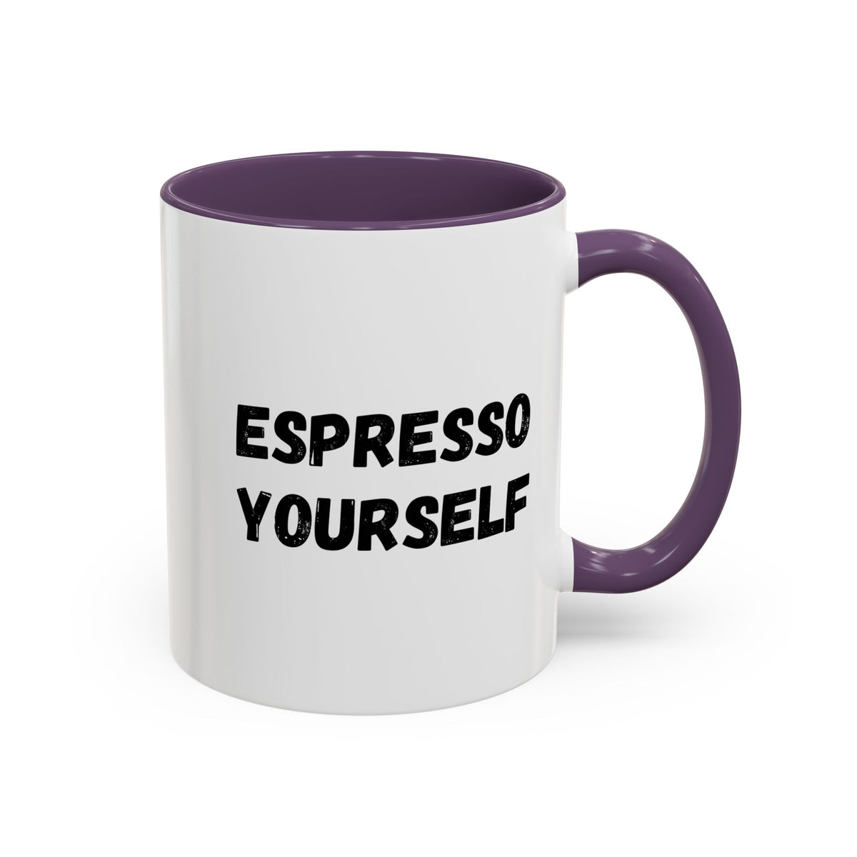 White ceramic espresso mug with "Espresso Yourself" printed in black, perfect for coffee lovers, 11 oz size.