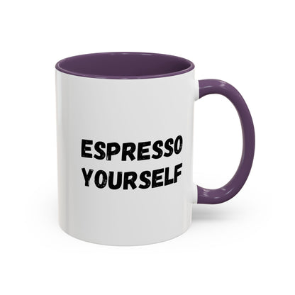 White ceramic espresso mug with "Espresso Yourself" printed in black, perfect for coffee lovers, 11 oz size.