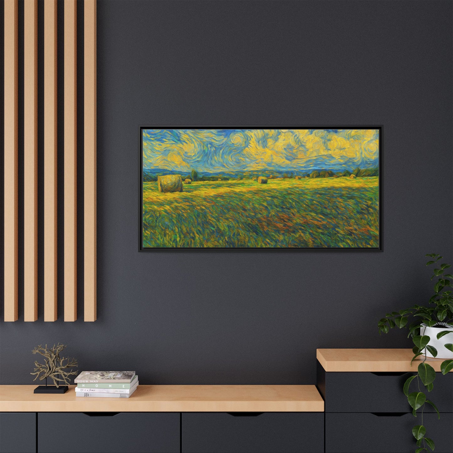 Framed landscape matte canvas print with vibrant multi-color scene, designed by Printify for wall decor.