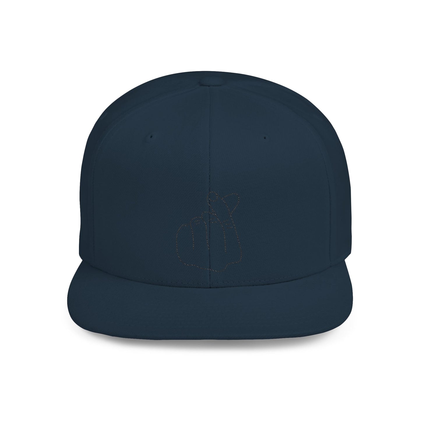 Minimalist hand gesture flat bill snapback hat by Printify featuring a simple design and adjustable strap.