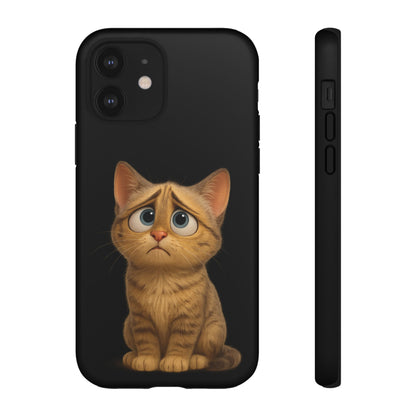 Cute sad kitty print on protective iPhone case by Printify, featuring a colorful cartoon cat design for iPhone models.