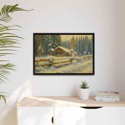 Snowy cabin winter landscape canvas wall art by Printify featuring a cozy snowy scene with a framed matte finish.