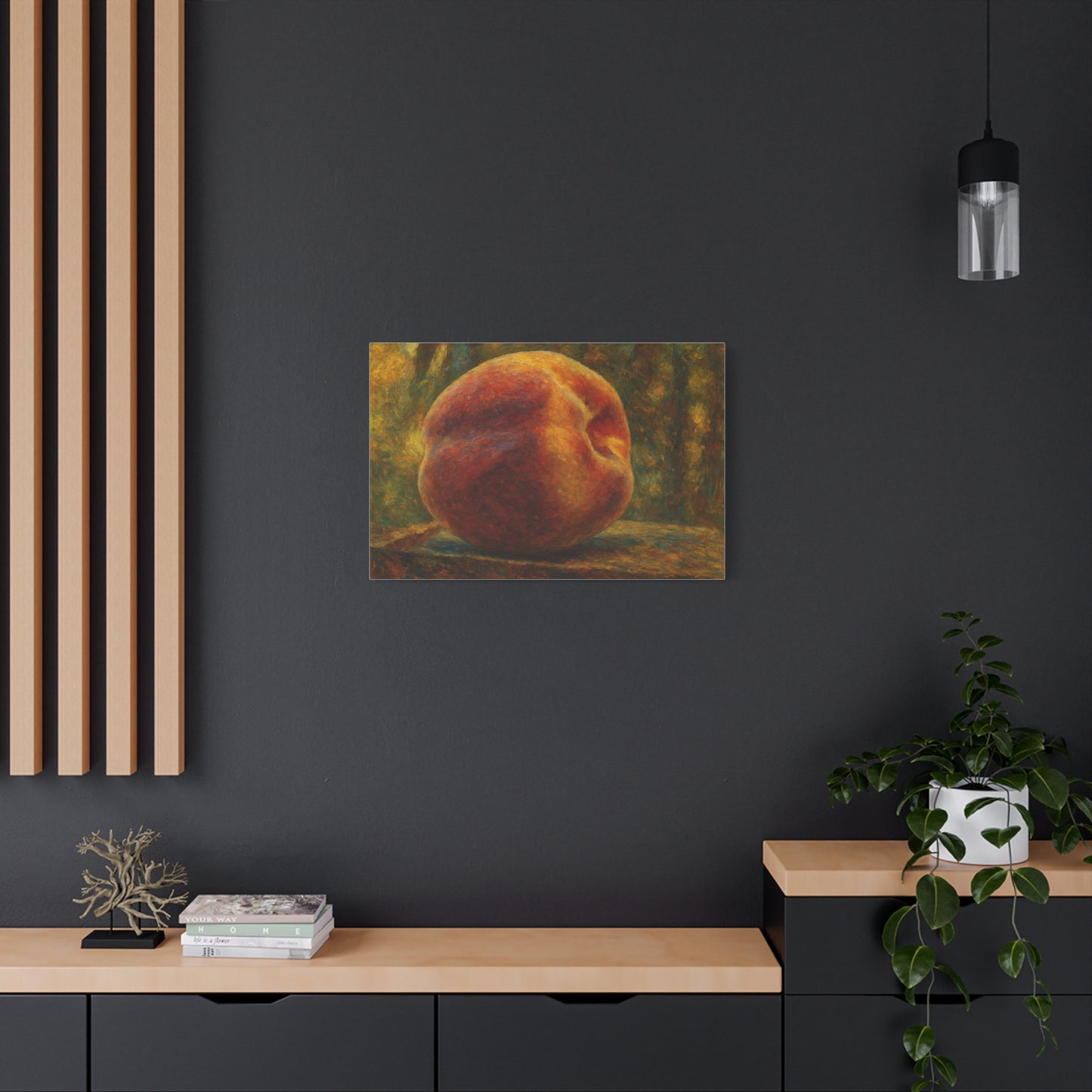 Peach still life matte canvas print by Printify, stretched 1.25-inch wall art featuring realistic peach fruit on a canvas.