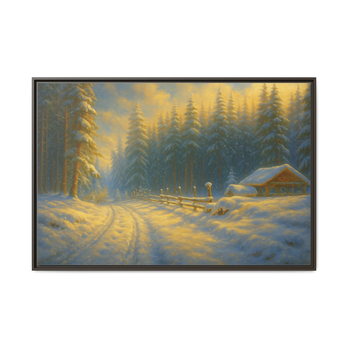 Framed winter cabin canvas print featuring a snowy forest sunset wall art by Printify, showcasing a cozy winter scene.