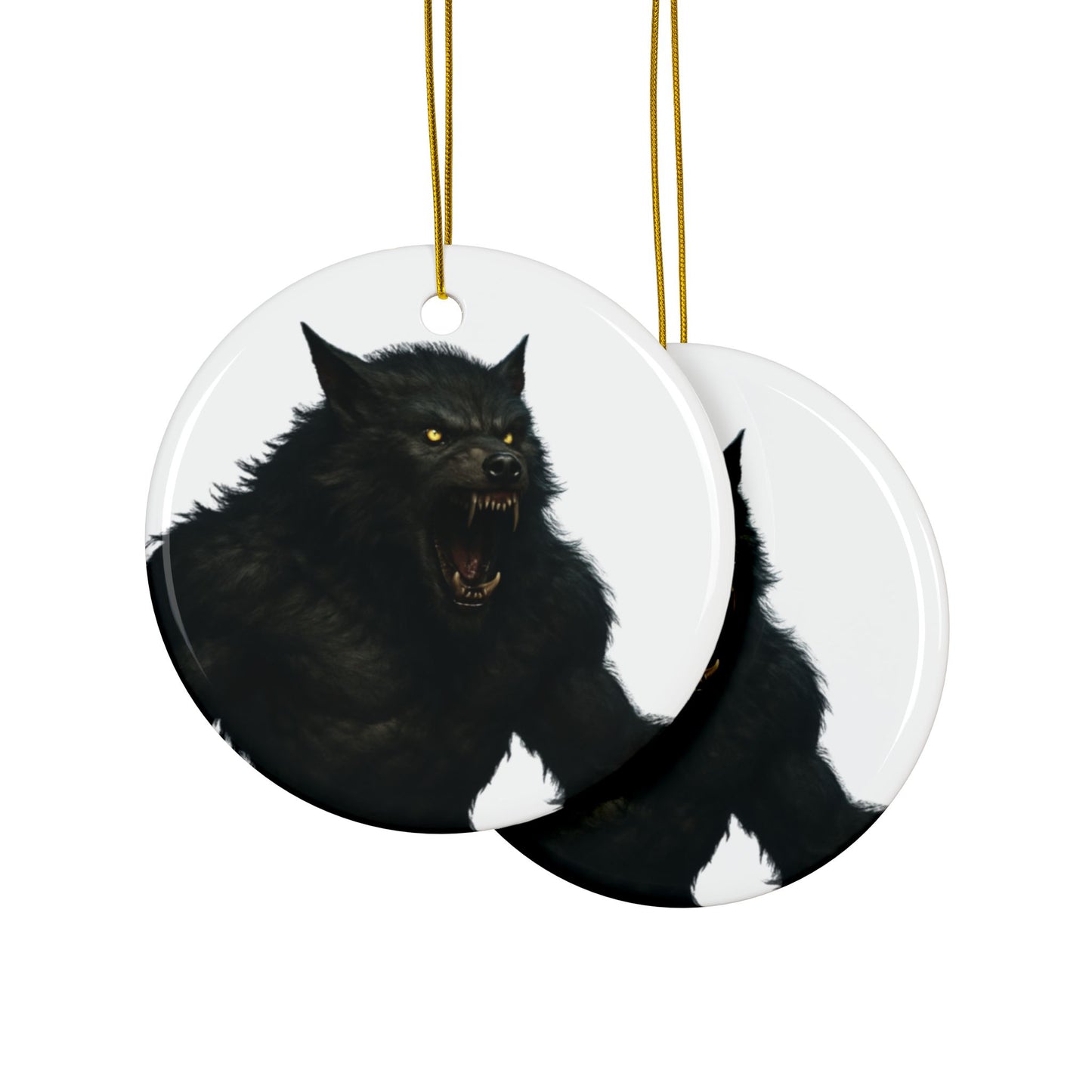 Black ceramic werewolf ornament from Printify, featuring a spooky wolf design, ideal for holiday Halloween decorations.