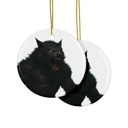 Black ceramic werewolf ornament from Printify, featuring a spooky wolf design, ideal for holiday Halloween decorations.