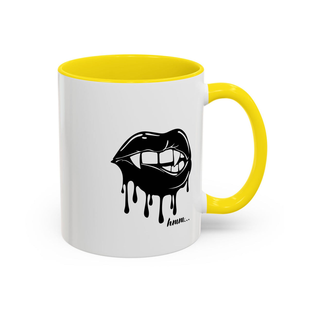 Black accent Dripping Bite coffee mug by Printify, 11oz or 15oz size, featuring a unique dripping design on a ceramic mug.