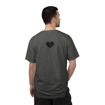 Black T-shirt by Printify featuring a minimal white finger heart graphic design on the front.