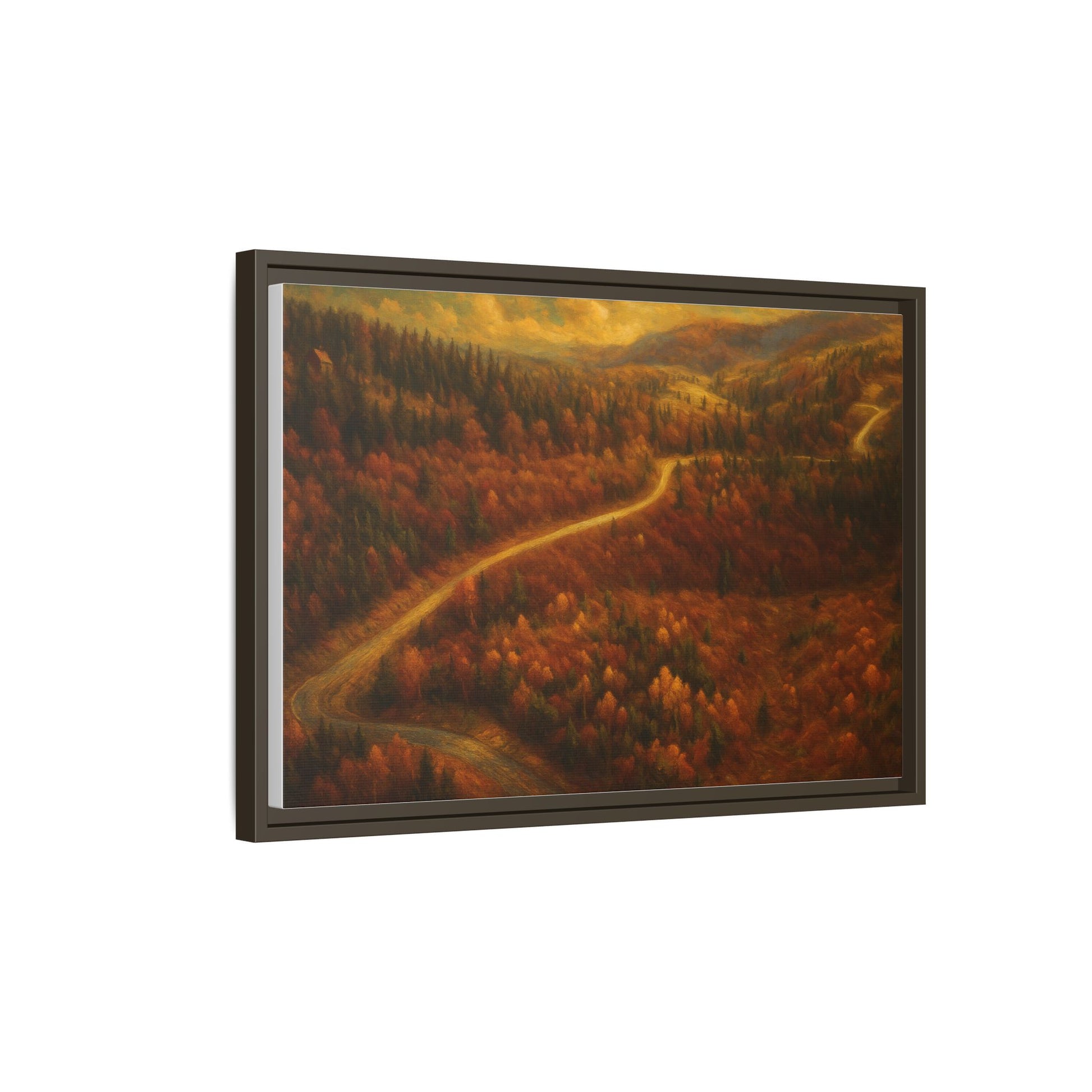 Framed matte canvas print of autumn forest road landscape wall art by Printify, showcasing vibrant fall trees and a scenic pathway.