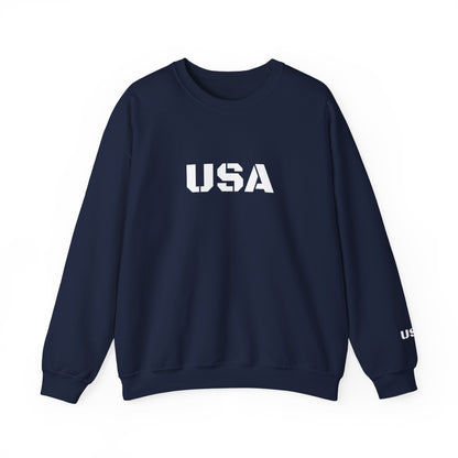 USA Printify crewneck sweatshirt with patriotic design, cozy fit, suitable for all seasons, featuring a bold American flag motif.