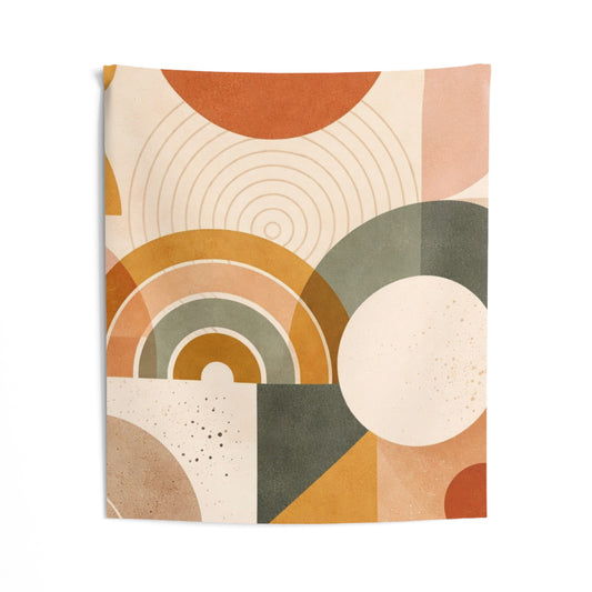 Abstract boho geometric wall tapestry featuring colorful rainbow arches, ideal for modern interior decor.