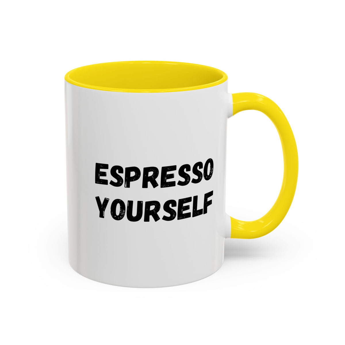 Printify Espresso Yourself accent coffee mug featuring humorous coffee lover design, available in 11 oz and 15 oz sizes.