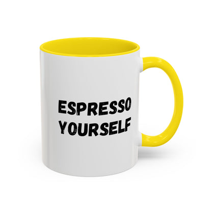 Printify Espresso Yourself accent coffee mug featuring humorous coffee lover design, available in 11 oz and 15 oz sizes.