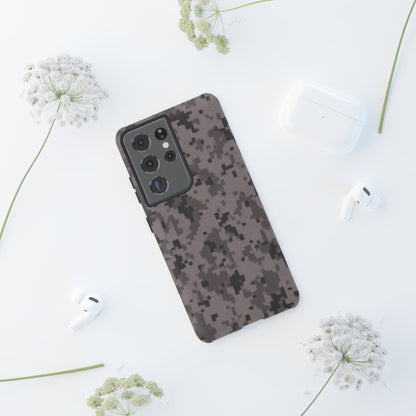 Gray digital camouflage phone case by Printify, featuring a tough protective cover design for smartphones.