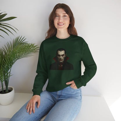 Vampire portrait crewneck sweatshirt by Printify featuring a detailed vampire illustration on a comfortable cotton sweatshirt.